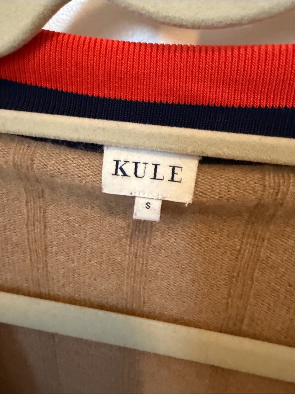KULE - The Sinclair Cardigan in Camel with Navy & Red Trim - Picture 2 of 4